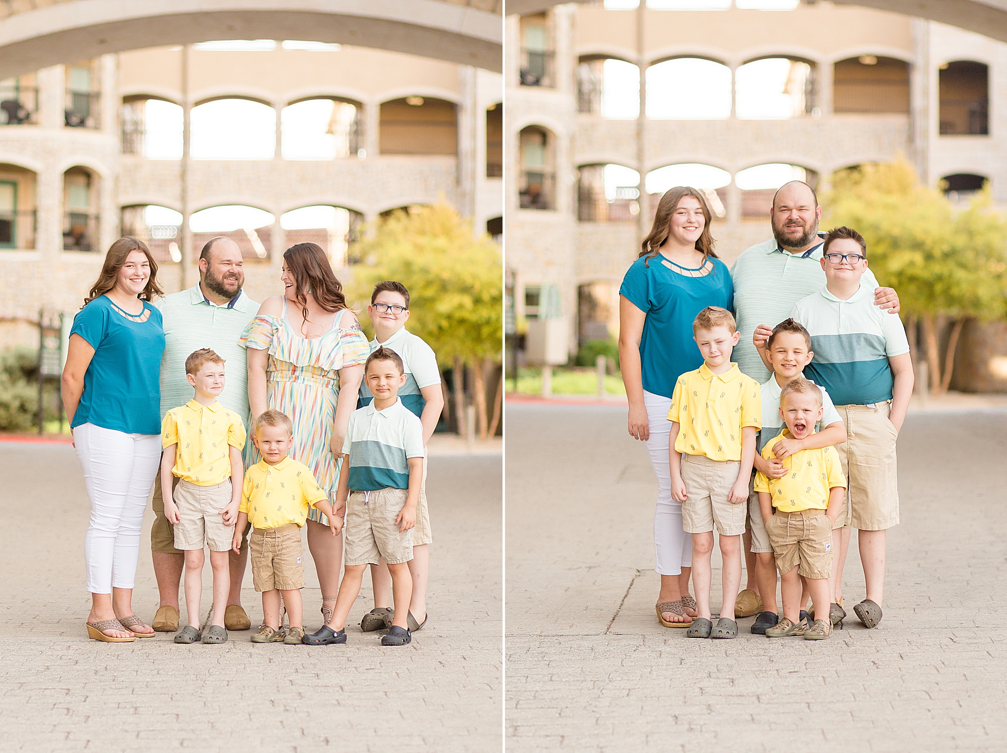 family in blue and yellow poses together in Adriatica Village