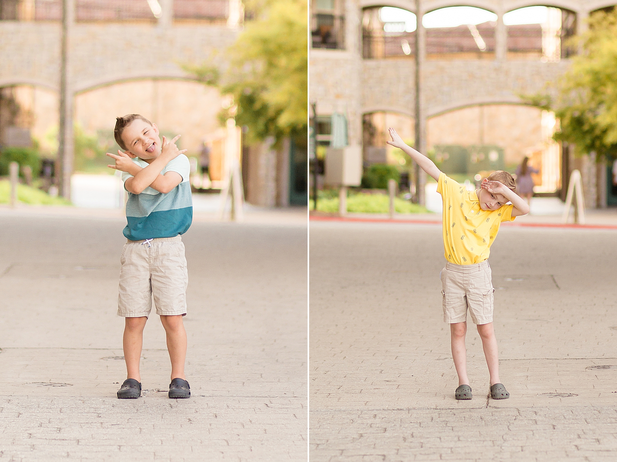 boys pose playfully during family portraits at Adriatica Village