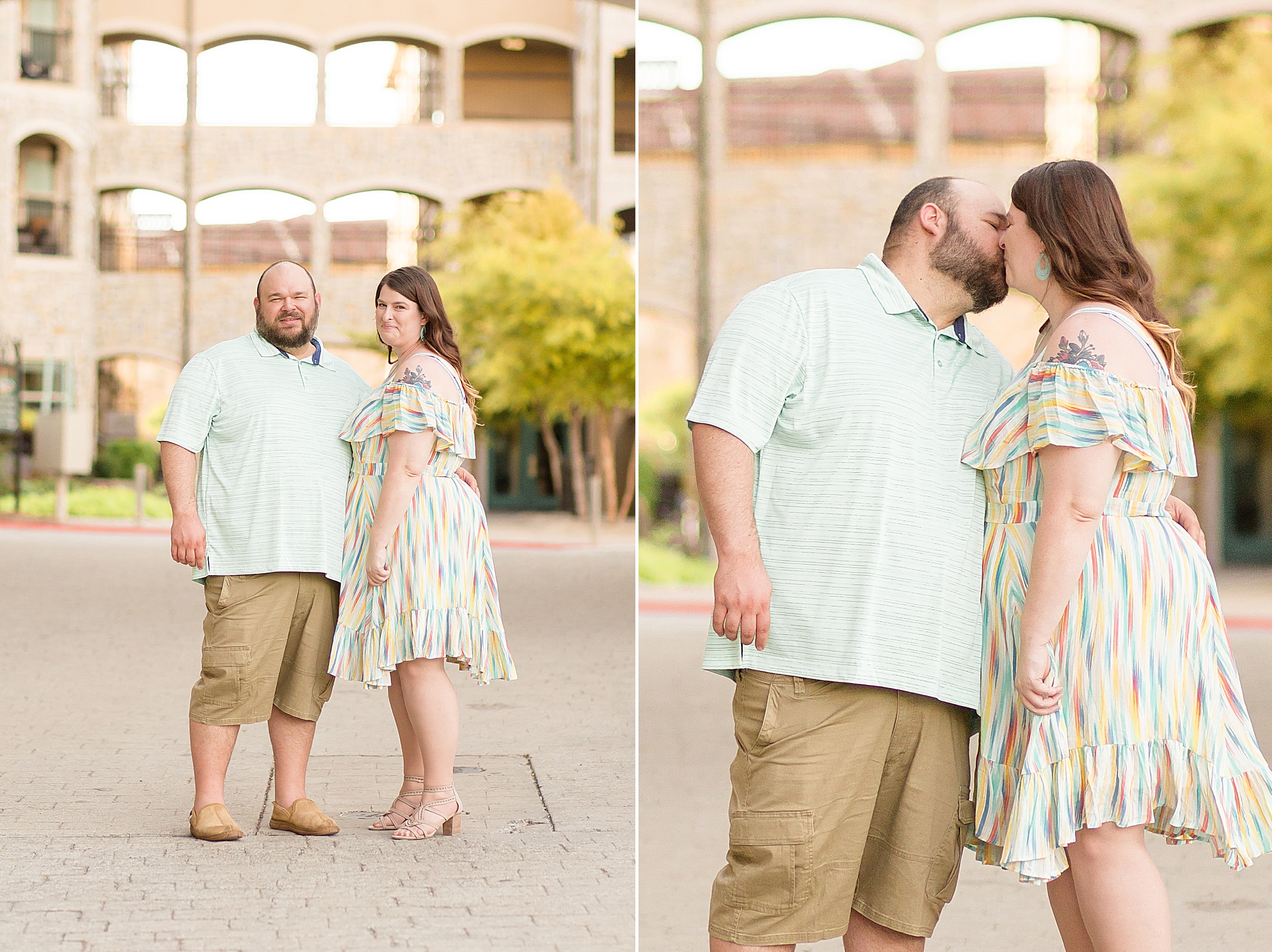 engaged couple kisses during portraits at Adriatica Village