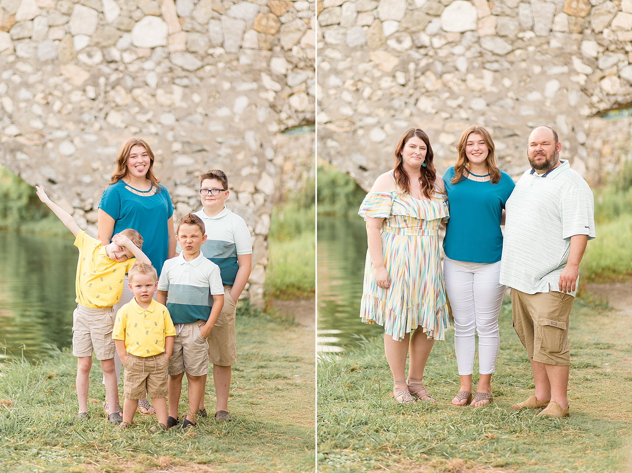 teenager poses with younger brothers and parents during family portraits at Adriatica Village