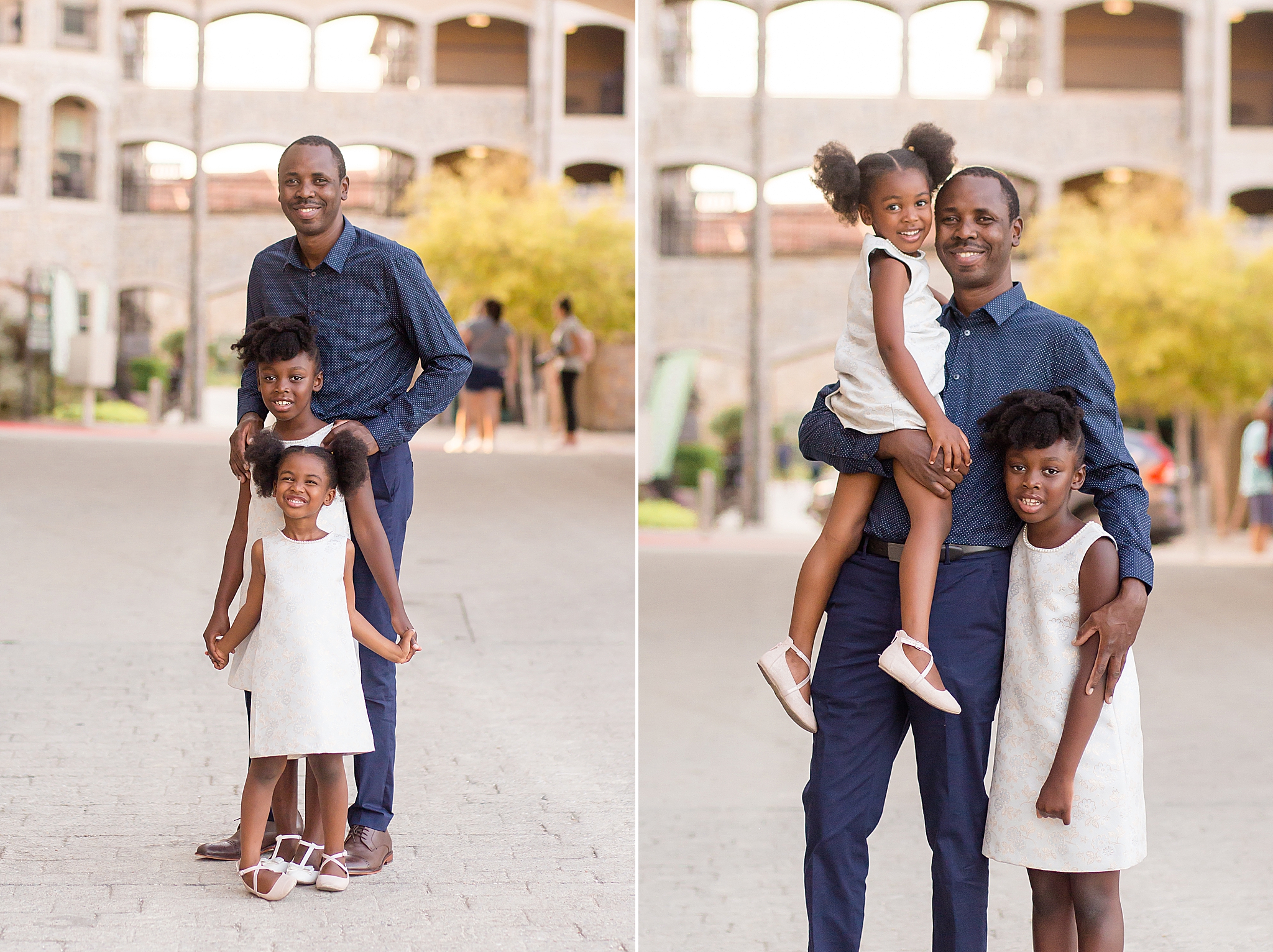 McKinney family portraits of dad holding two daughters in white dresses