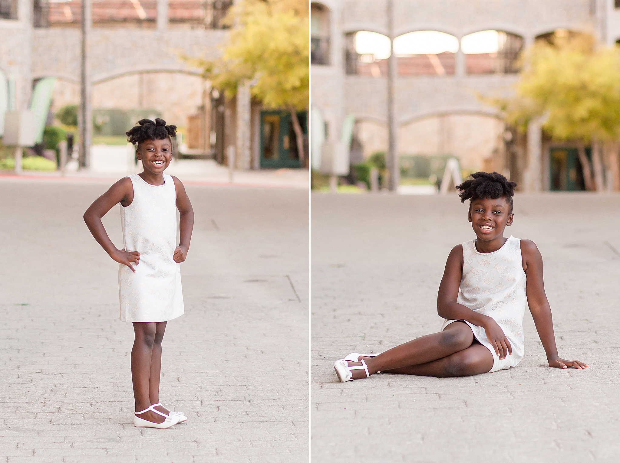 young daughter in white dress poses in Texas village 