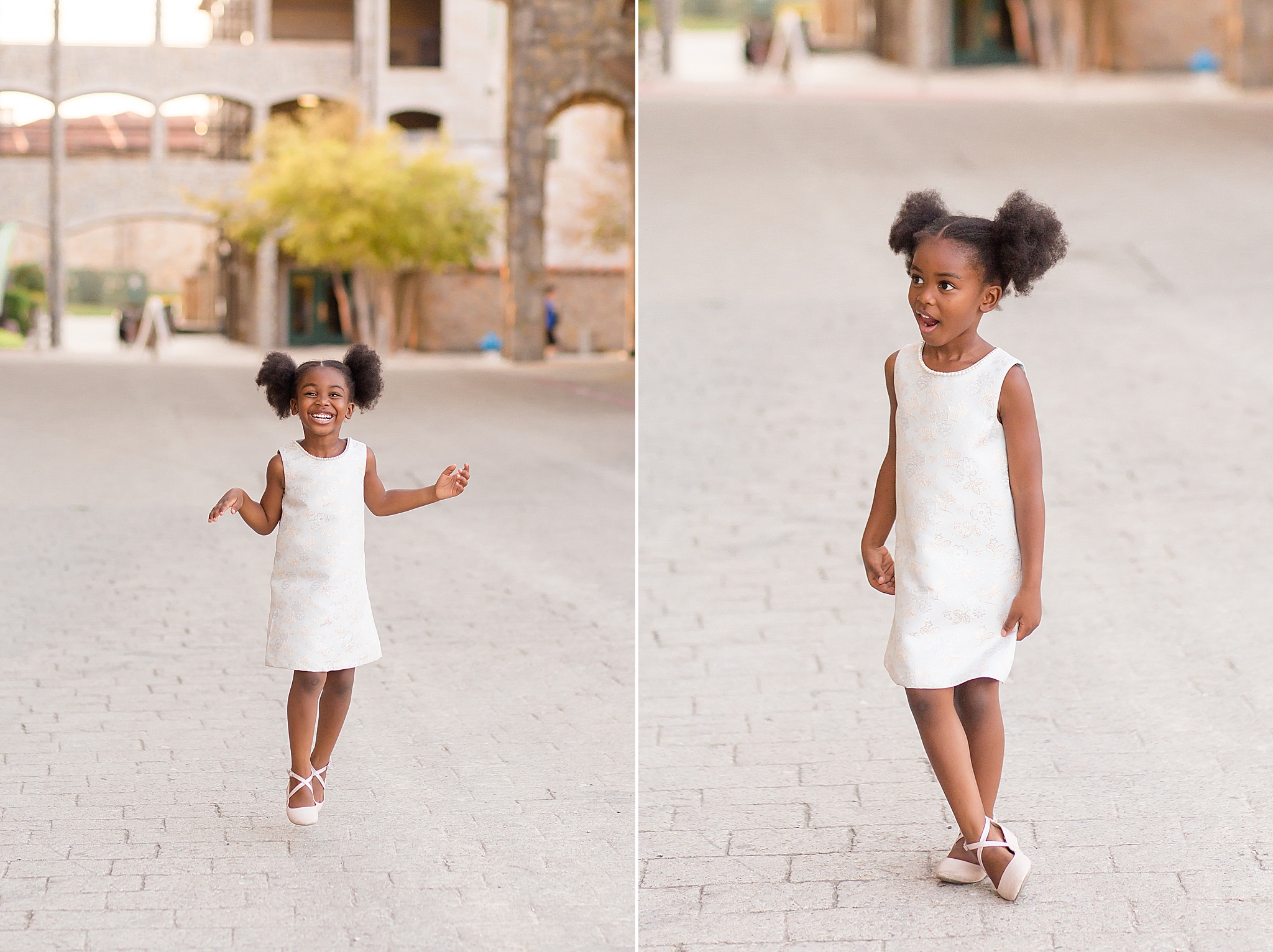 little girl runs around in white sundress