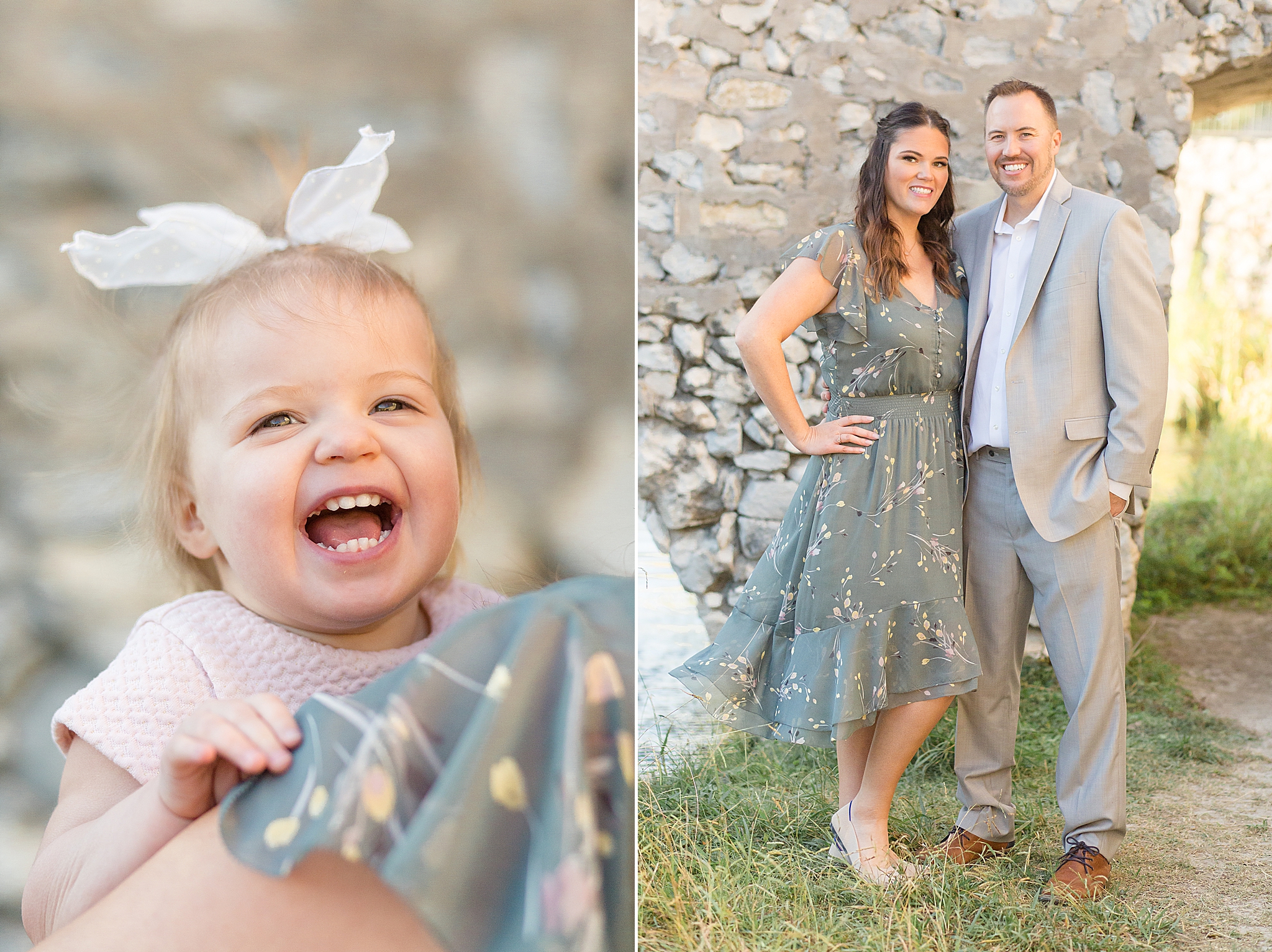 toddler laughs over mom's shoulder during spring family photos