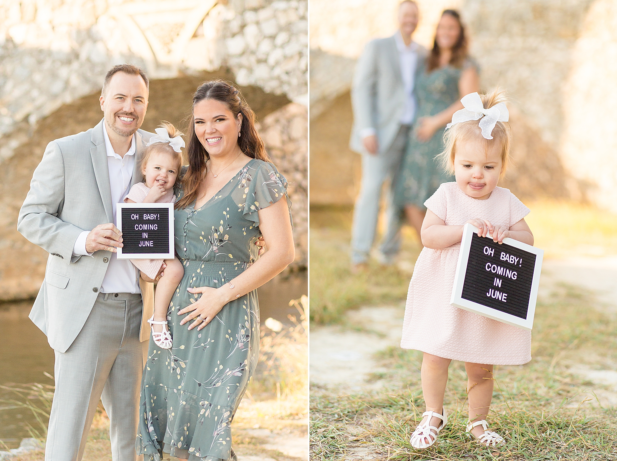 parents hold sign announcing pregnancy during TX family photos