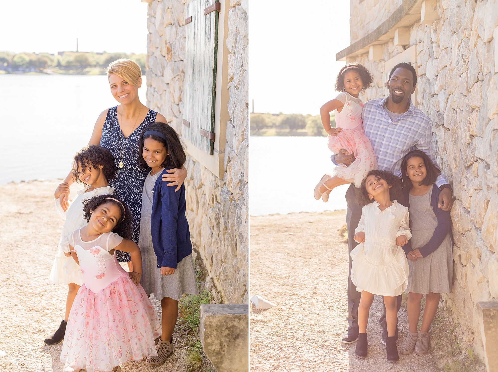 daughters pose with mom and dad at adraitica village in mckinney tx for spring portraits with Wisp + Willow Photography Co. 