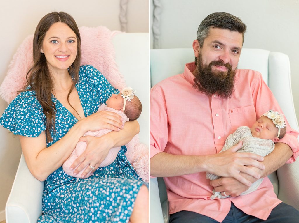 mom and dad hold sleeping newborn baby girl during in home lifestyle newborn session with dallas newborn photographer Wisp + Willow Photography Co. 