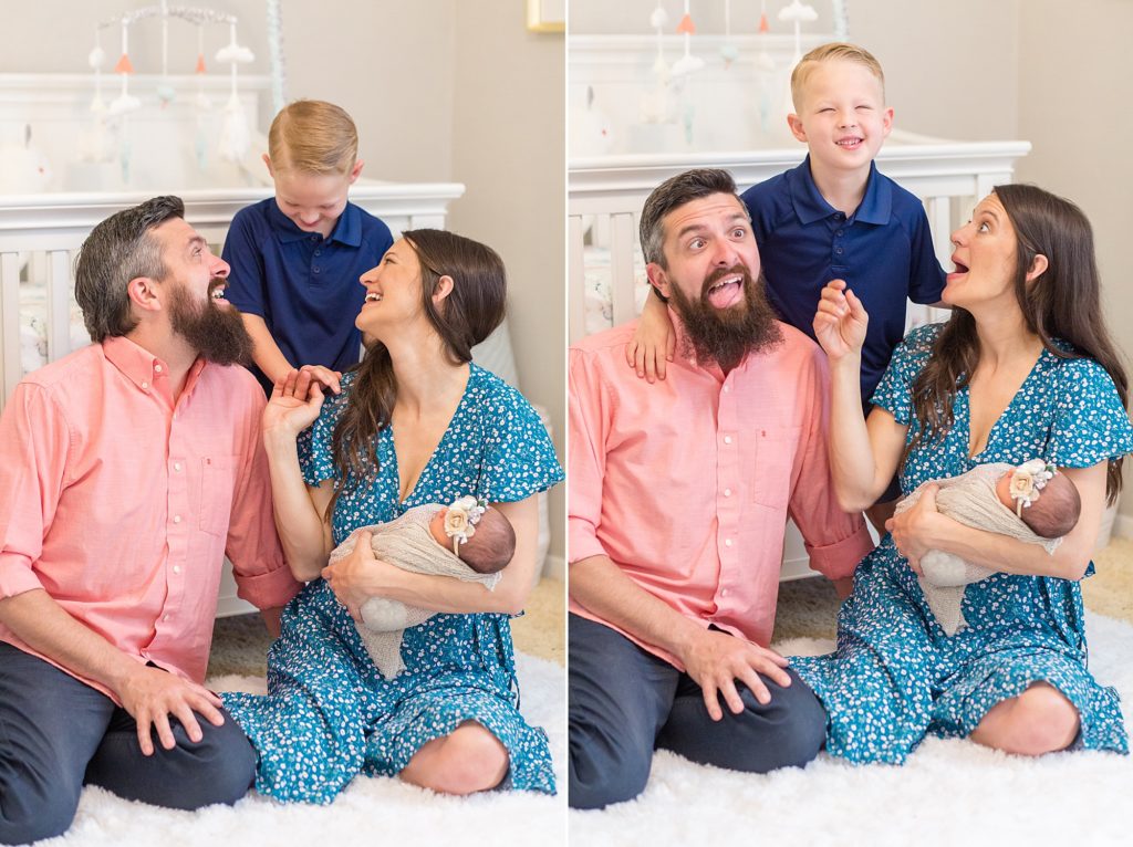 family of 4 poses in front of new baby's crib in nursery during in home newborn session 