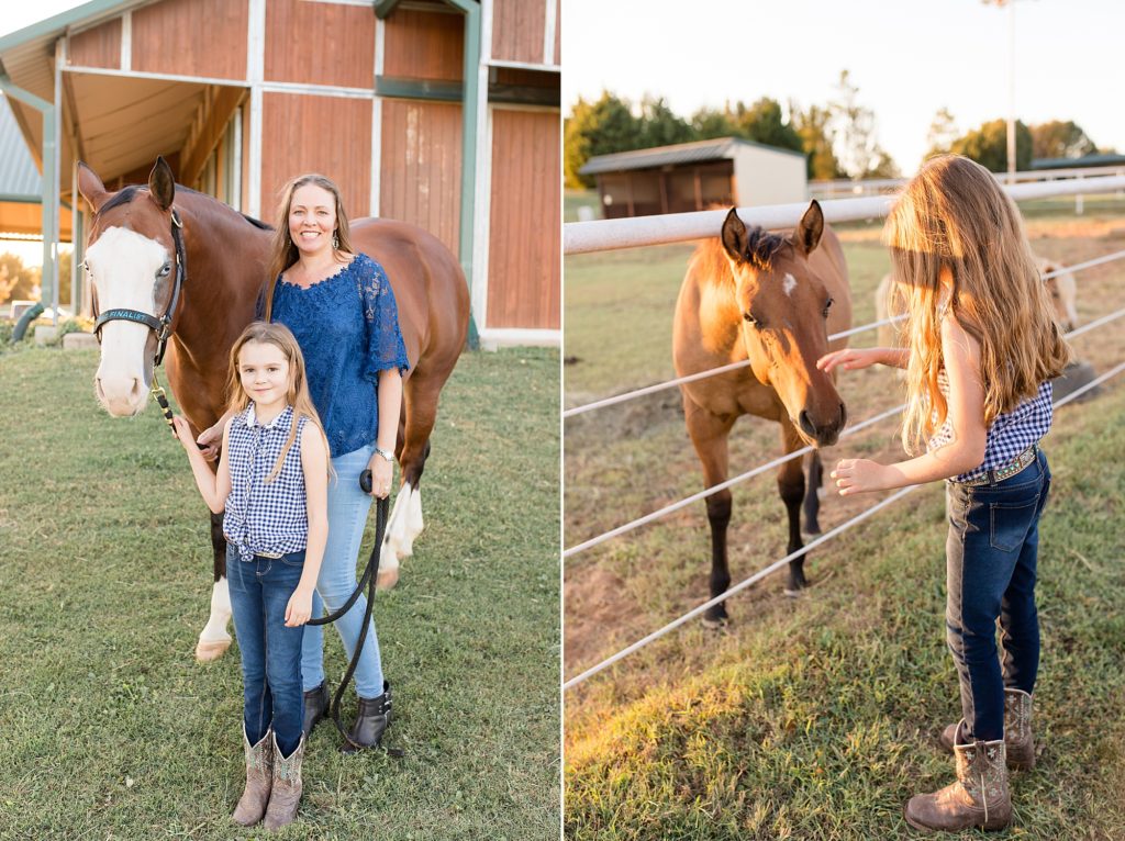 Mom and daughter pose with horses on family farm during session with portrait photographer Wisp + Willow Photography Co. 