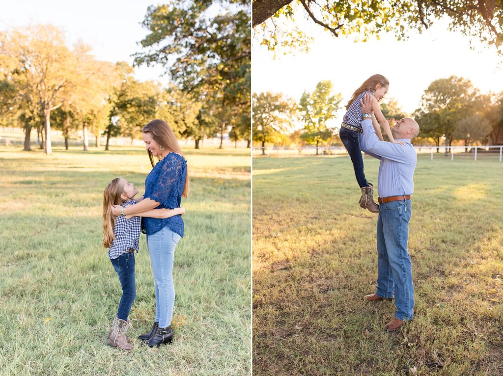 Girl poses with mom and dad for family photos on Texas family farm