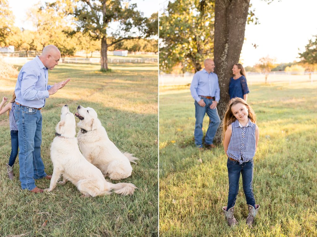 Daughter poses in front of parents for family photos