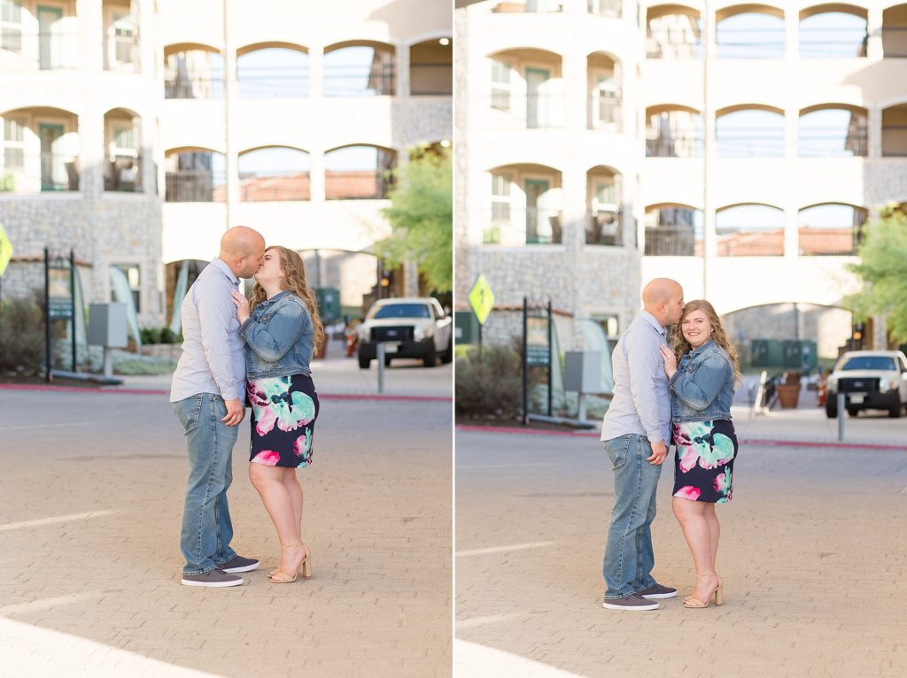 Couple kisses under awning at Adriatica Village in McKinney, Texas