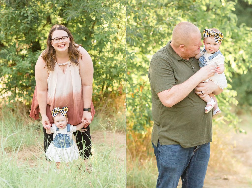 daughter poses with mom and dad for summer portrait session with plano family photographer Wisp + Willow Photography Co. 