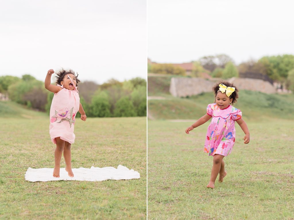 girl plays in field at Adriatica Village in McKinney, TX