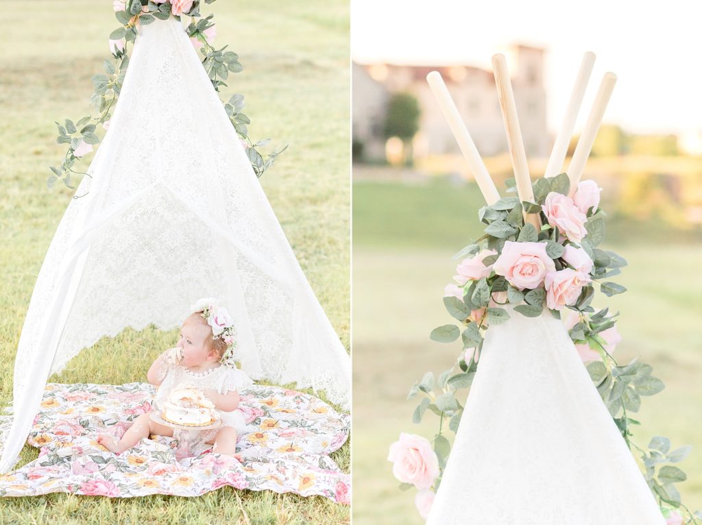 details from baby girl smash cake session at adriatica village in McKinney Texas with McKinney milestone photographer Wisp + Willow Photography Co.