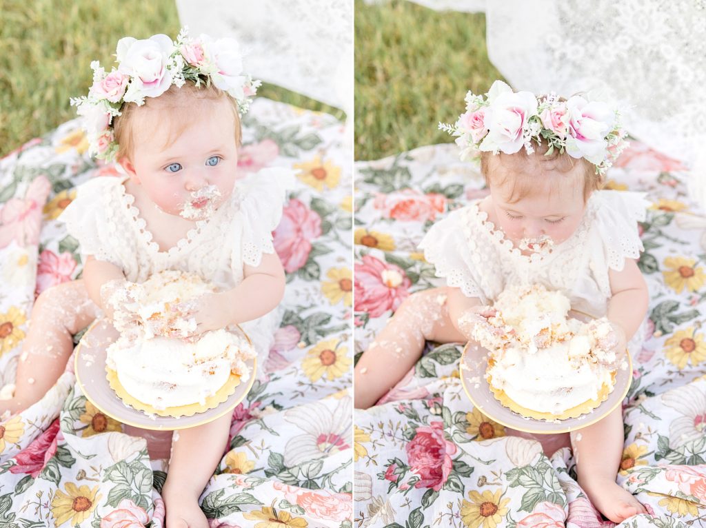 baby girl eats smash cake for birthday session with McKinney milestone photographer Wisp + Willow Photography Co.