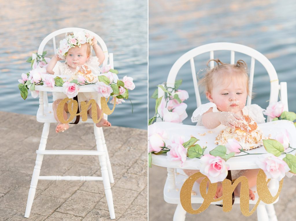 Baby girl enjoys smash cake for her first birthday session with Wisp + Willow Photography Co in McKinney TX