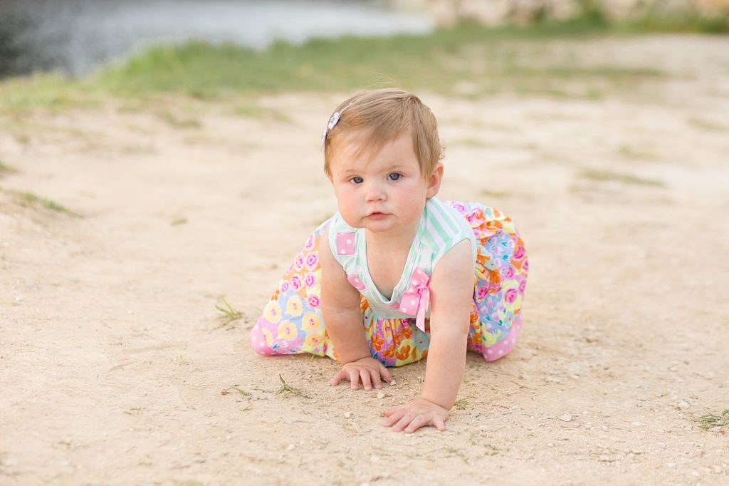 little girl crawls during family photo session with Wisp + Willow Photography Co.