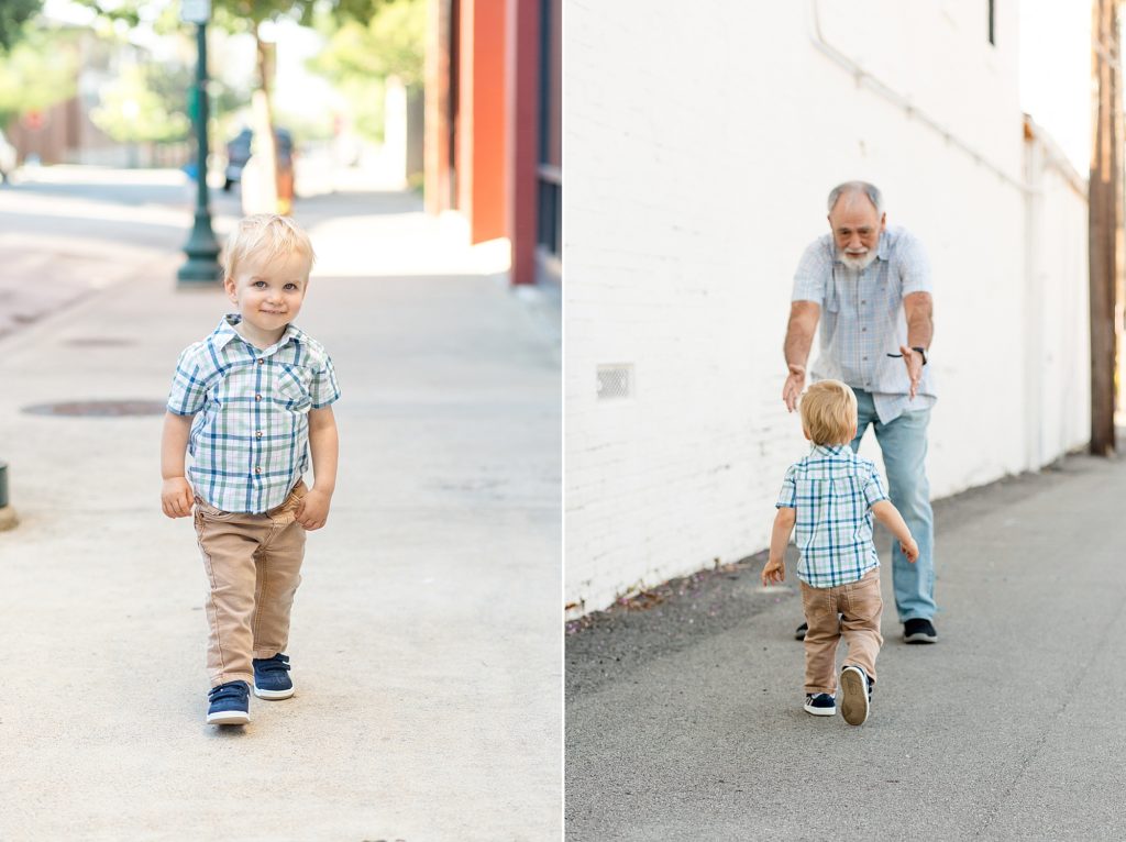 little boy plays in downtown square during family portrait session with wisp + willow photography co.