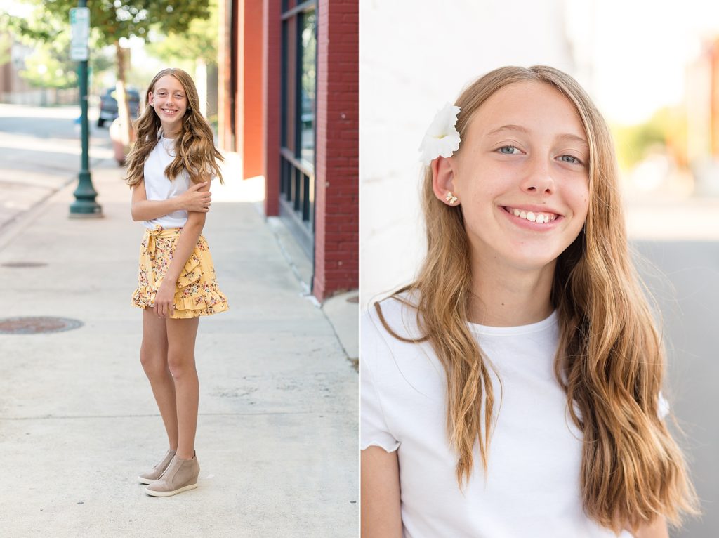 girl poses in downtown mckinney square during portrait session with wisp + willow photography co. 