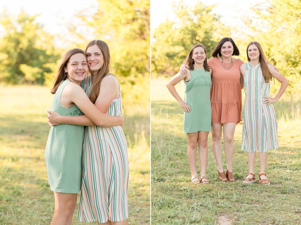 sisters pose together and with mom for frisco texas family portrait session with Wisp + Willow Photography Co.