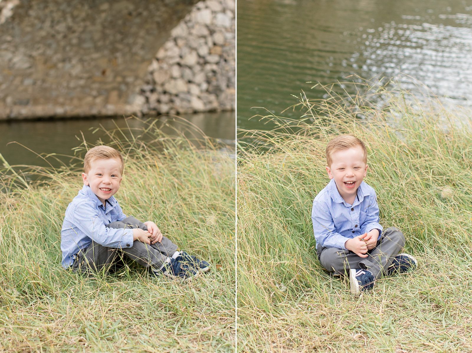 Boy sits in grass in front of reservoir at Adriatica Village in front of Bella Donna Chapel in McKinney, TX for family portrait session with Wisp + Willow Photography Co. 
