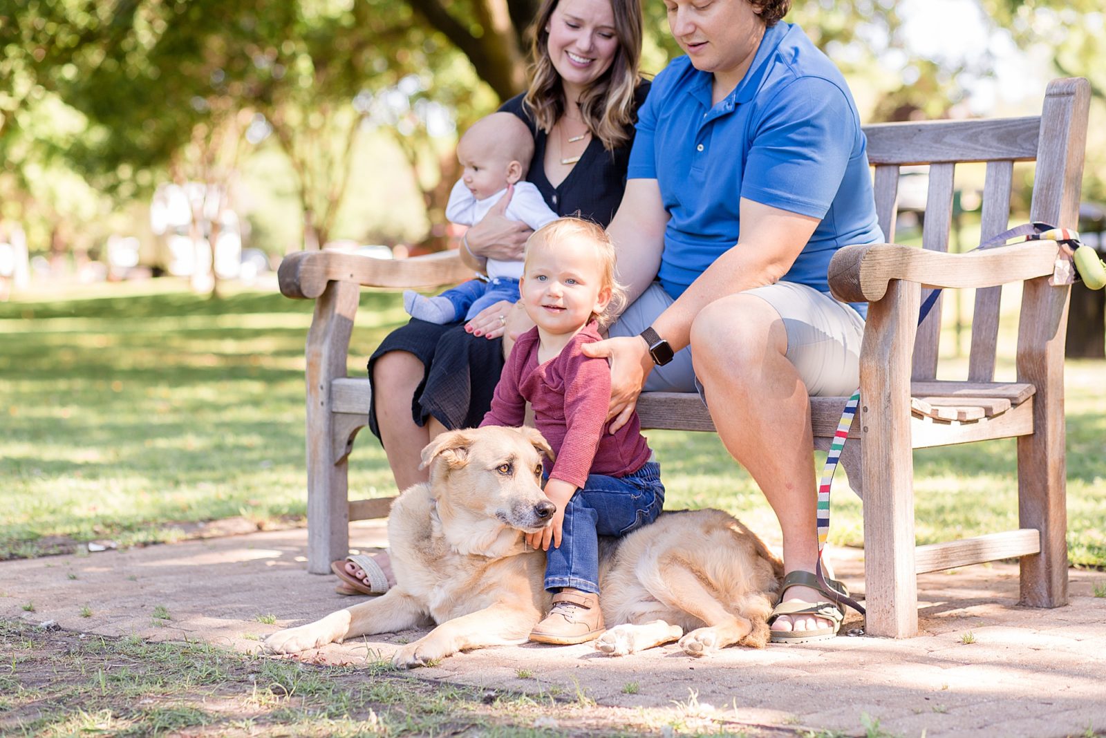 Family poses on bench at Lakeside Park in Dallas, TX with dallas portrait photographer Wisp + Willow Photography Co. 