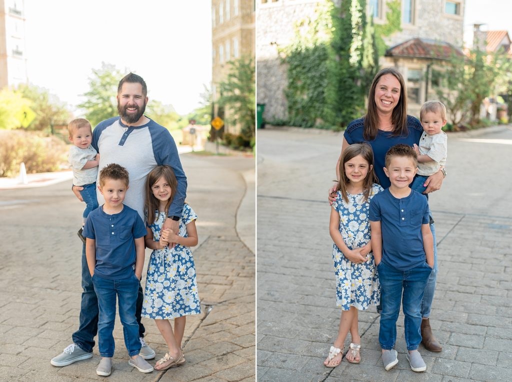 Family of 5 poses for family portraits in the spring at Adriatica Village in McKinney TX with Wisp + Willow Photography Co.