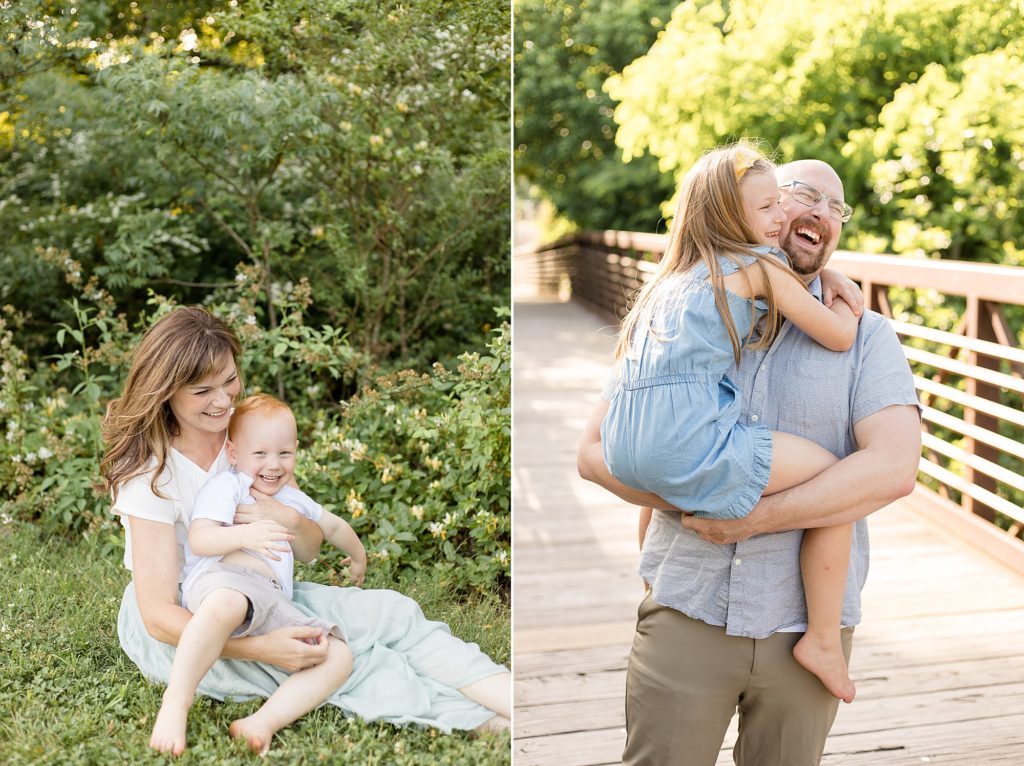 parents hold children during family portrait session in the spring at Pinkerton Park in Nashville, TN