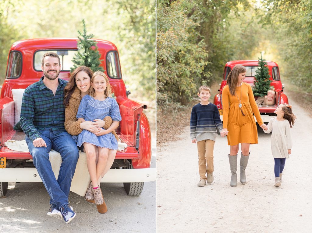 Frisco family photographer shoots mini sessions in the fall on red truck in Frisco, TX 