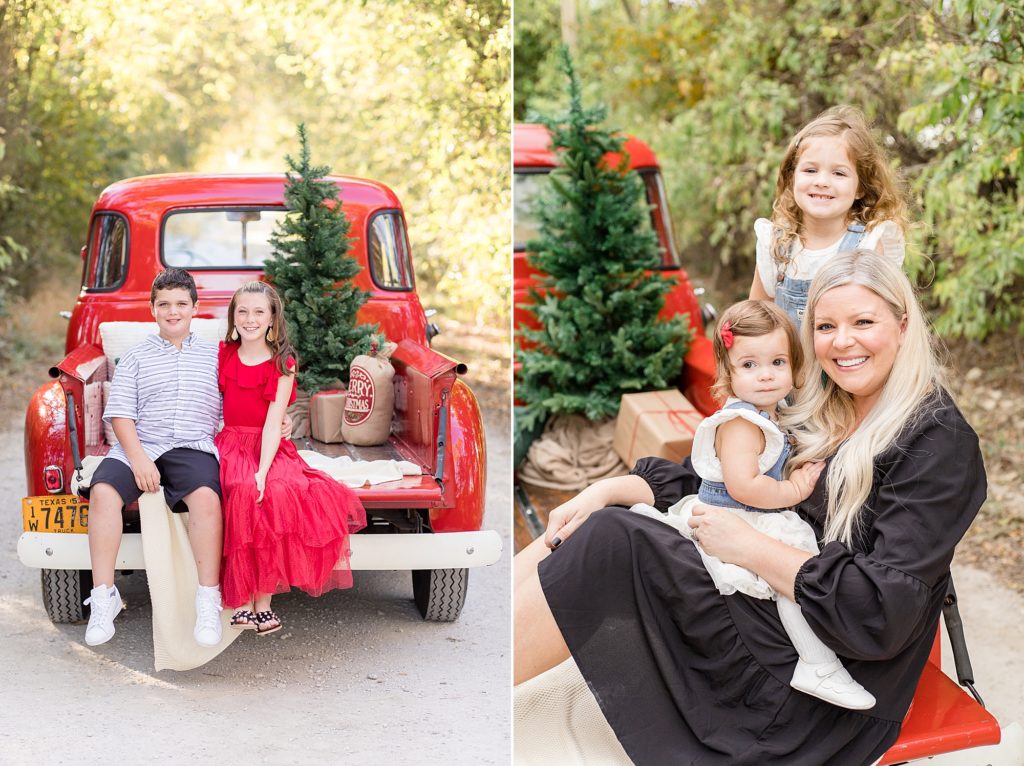 Christmas red truck minis on dirt road with Frisco family photographer Wisp + Willow Photography Co. 