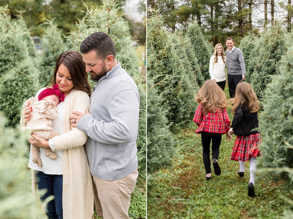 Families pose in between rows of trees on a Christmas tree farm for mini sessions with Nashville family photographer Wisp + Willow Photogrpahy Co. 