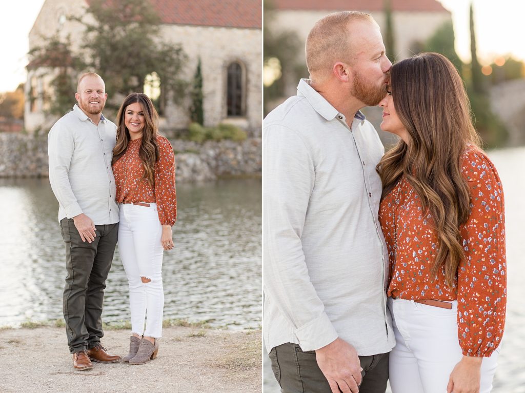 Couple poses during family portrait session at Adriatica Village with McKinney family photographer Wisp + Willow Photography Co. 