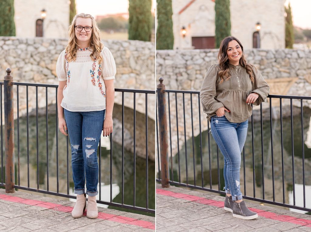 Girls pose near gate overlooking water reservoir at Adriatica Village in McKinney, TX with Wisp + Willow Photography Co. 