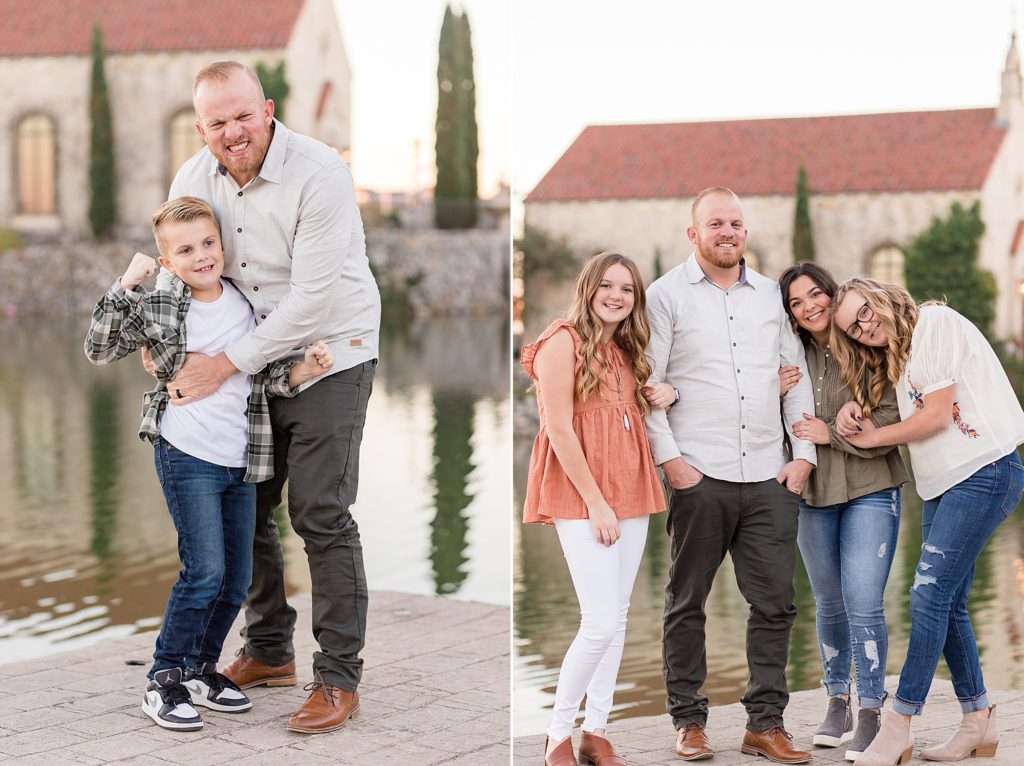 Dad poses with kids on dock at Adriatica village during family session with Wisp + Willow Photography Co. 