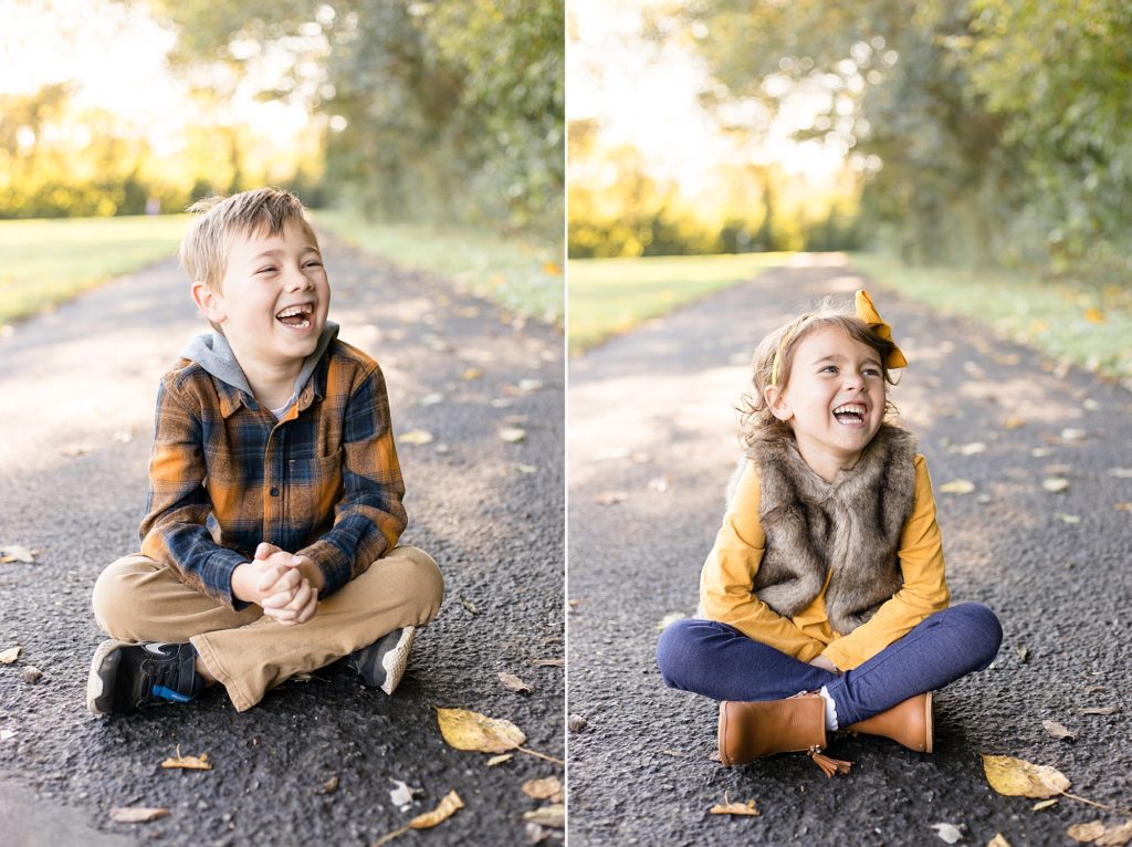 Kids sit on sidewalk at Pinkerton Park during family portrait session with Wisp + Willow Photography Co. 