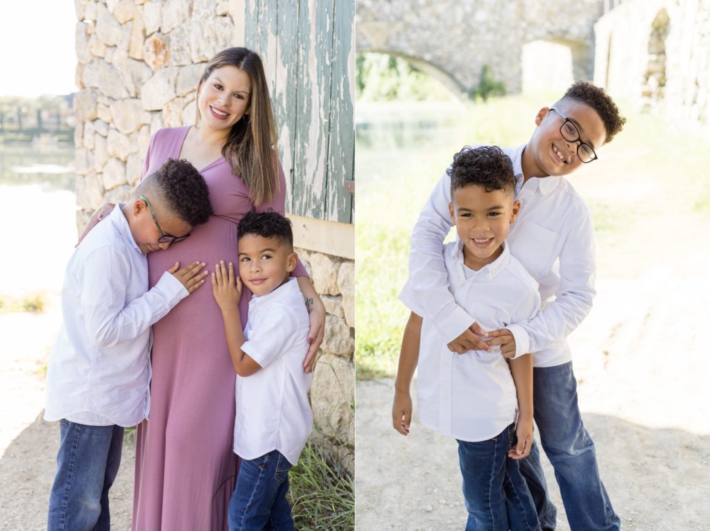Boys pose together with Mom in pink gown for maternity session with McKinney maternity photographer Wisp + Willow Photography Co.