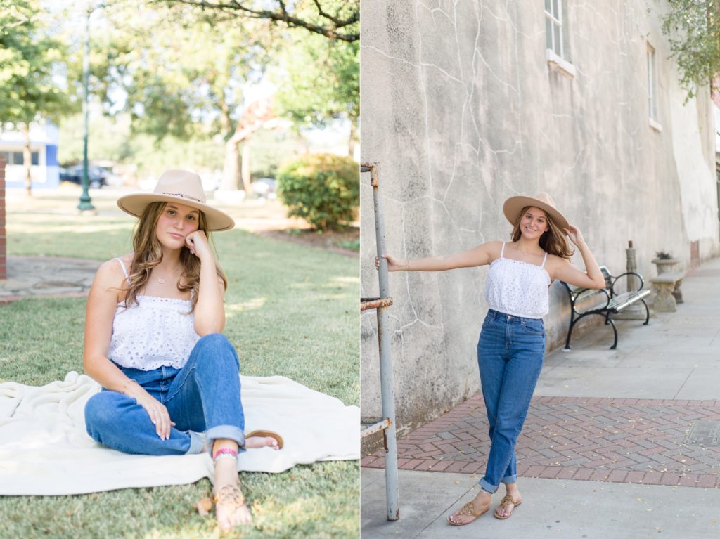 Teenager poses for senior portrait session with Wisp + Willow Photography Co. at the historic Downtown McKinney Square.