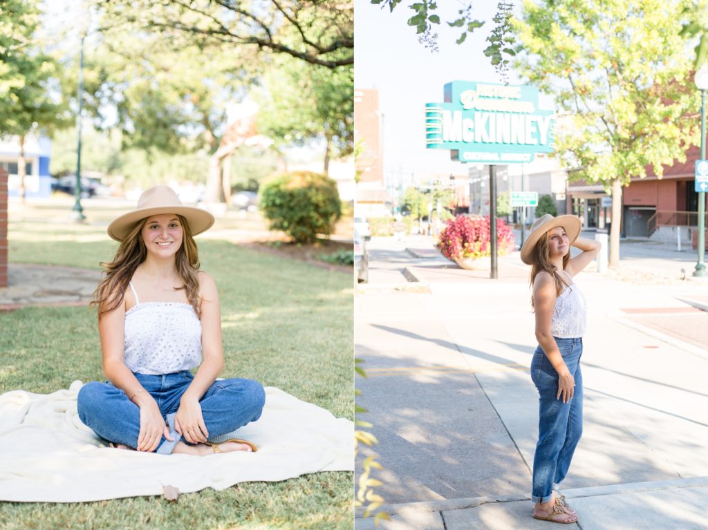 Teen poses for senior portrait session with Wisp + Willow Photography Co. in a white cropped shirt, blue jeans, tan sandals and a hat. She did an incredible job and we had so much fun!