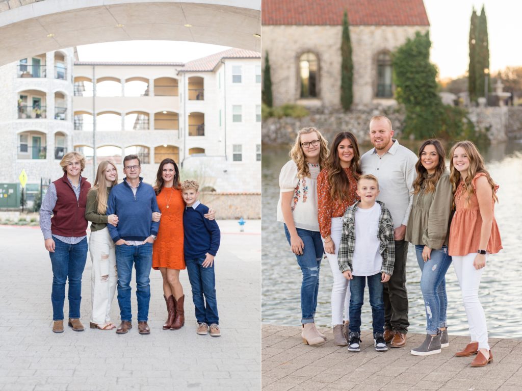 families pose at adriatica village for family session with Wisp + Willow Photography Co. Adriatica Village is one of our favorite locations to shoot at in the DFW area. Click to see more of our favorites! 