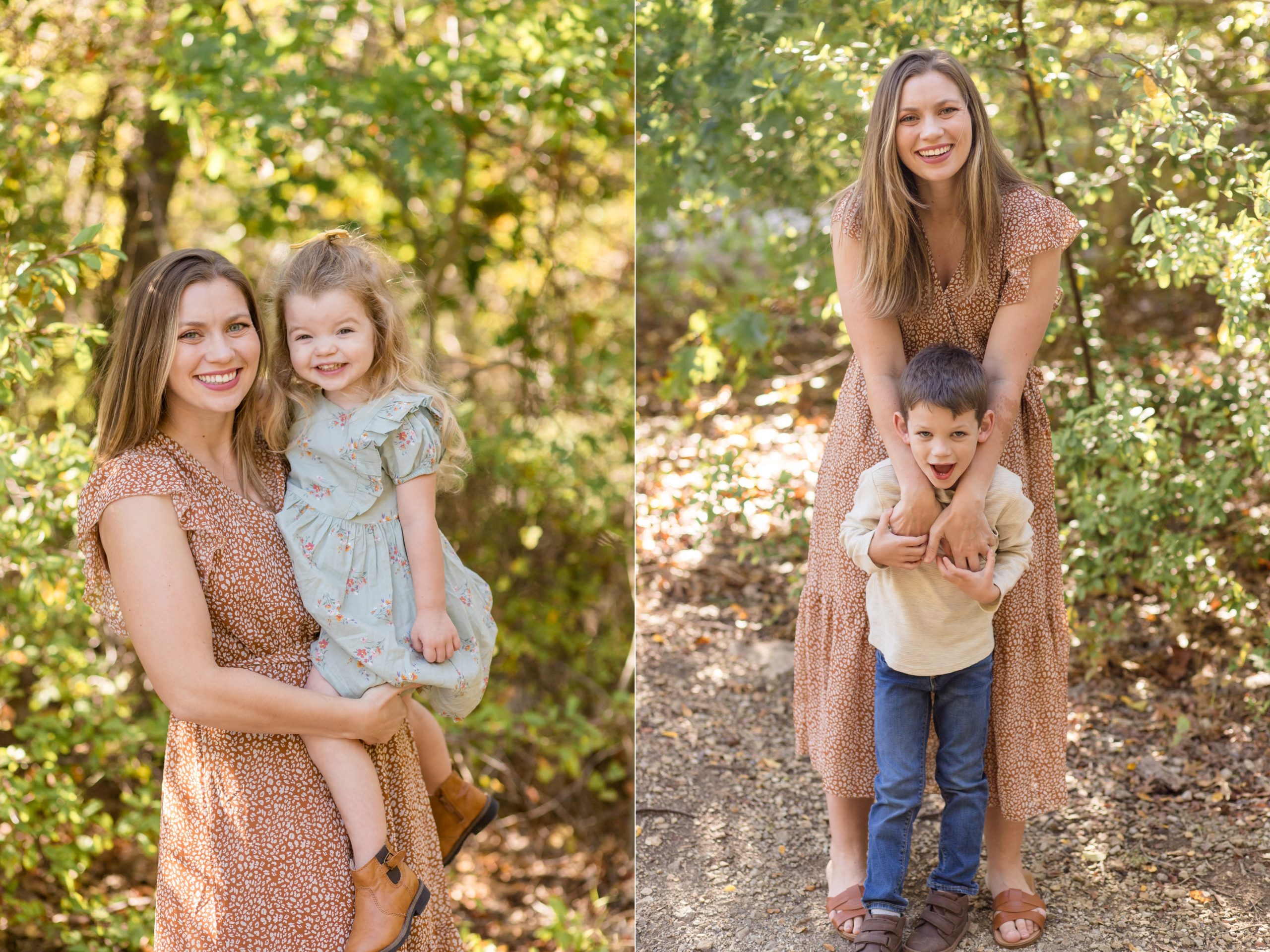 Mom poses with kids during portrait session in the fall at Arbor Hills Nature Preserve with Plano family photographer Wisp + Willow Photography Co.