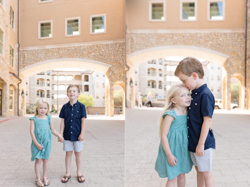 Brother in navy polo and sister in green dress pose during family portrait session with family photography team Wisp + Willow Photography Co. at Adriatica Village in McKinney, TX. Click to see more from this sweet session live on the blog now!