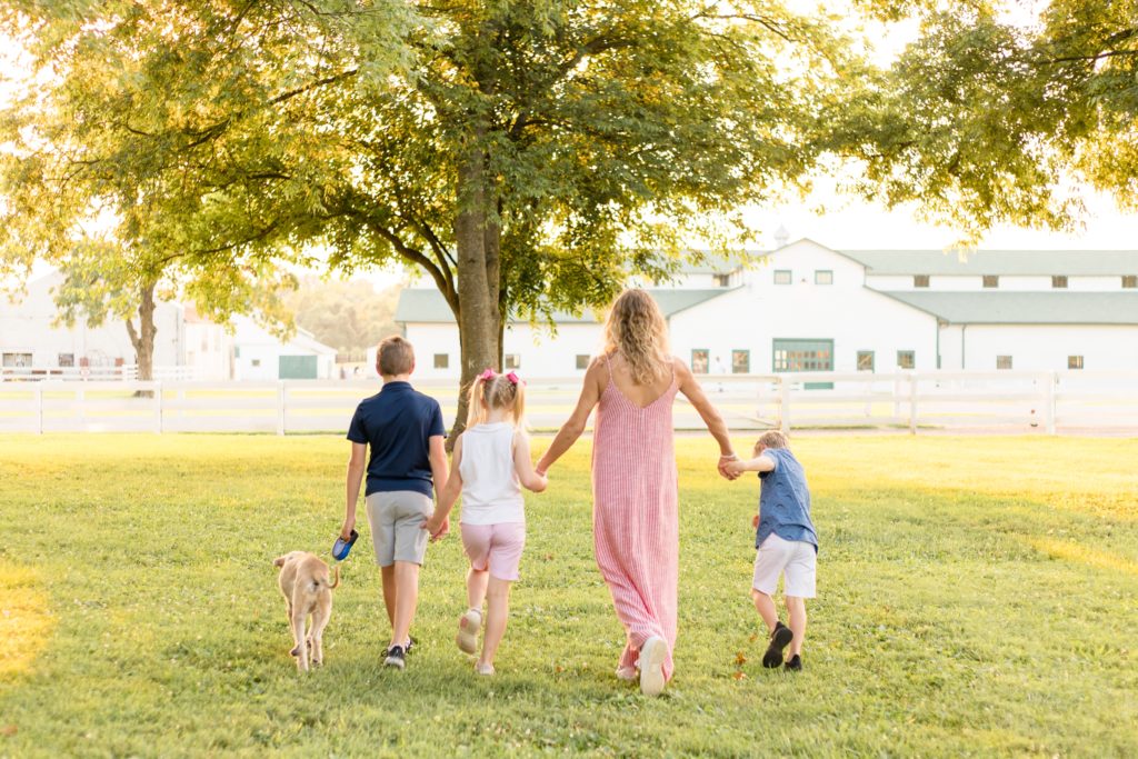 Mom and kids hold hands and walk towards Harlinsdale Farm in spring during family portrait session with family photography team Wisp + Willow Photography Co. Click to see more from this sweet mommy and me session on our blog now!