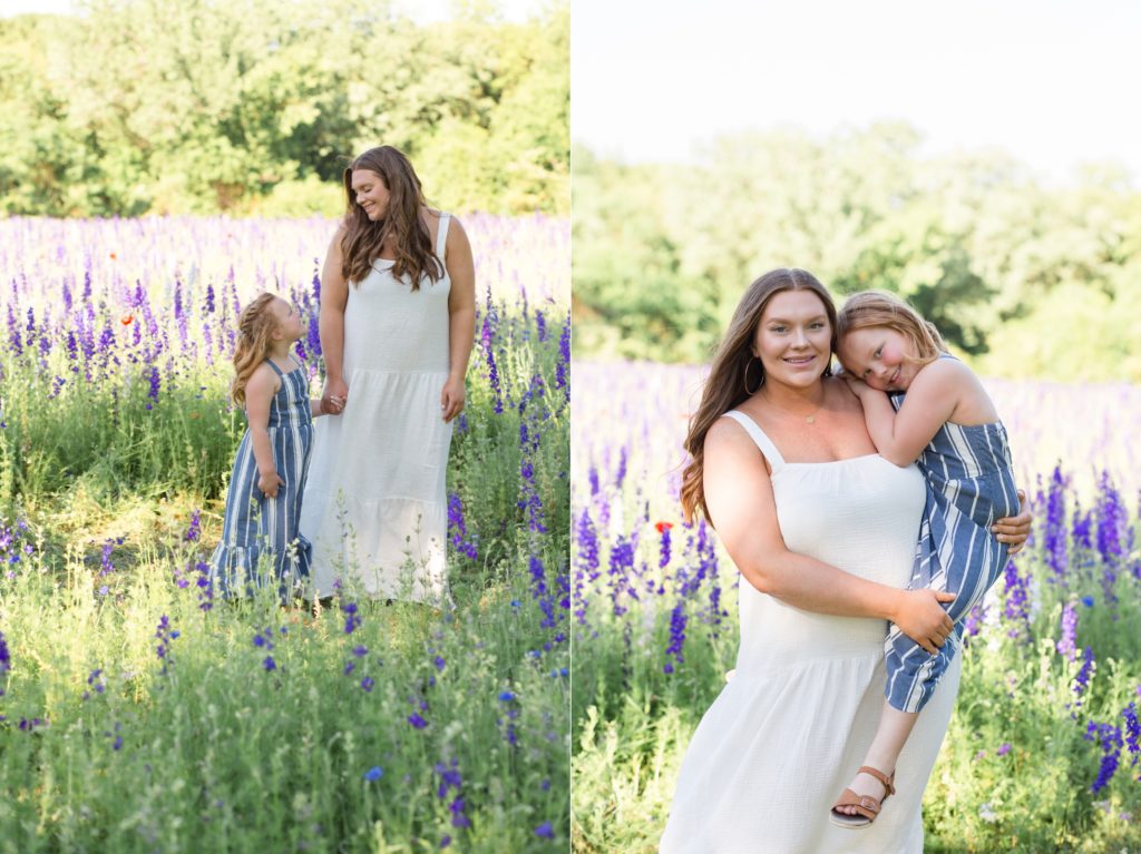 Mom and daughter pose in field of wildflowers with Dallas photographer Wisp + Willow Photography Co. 