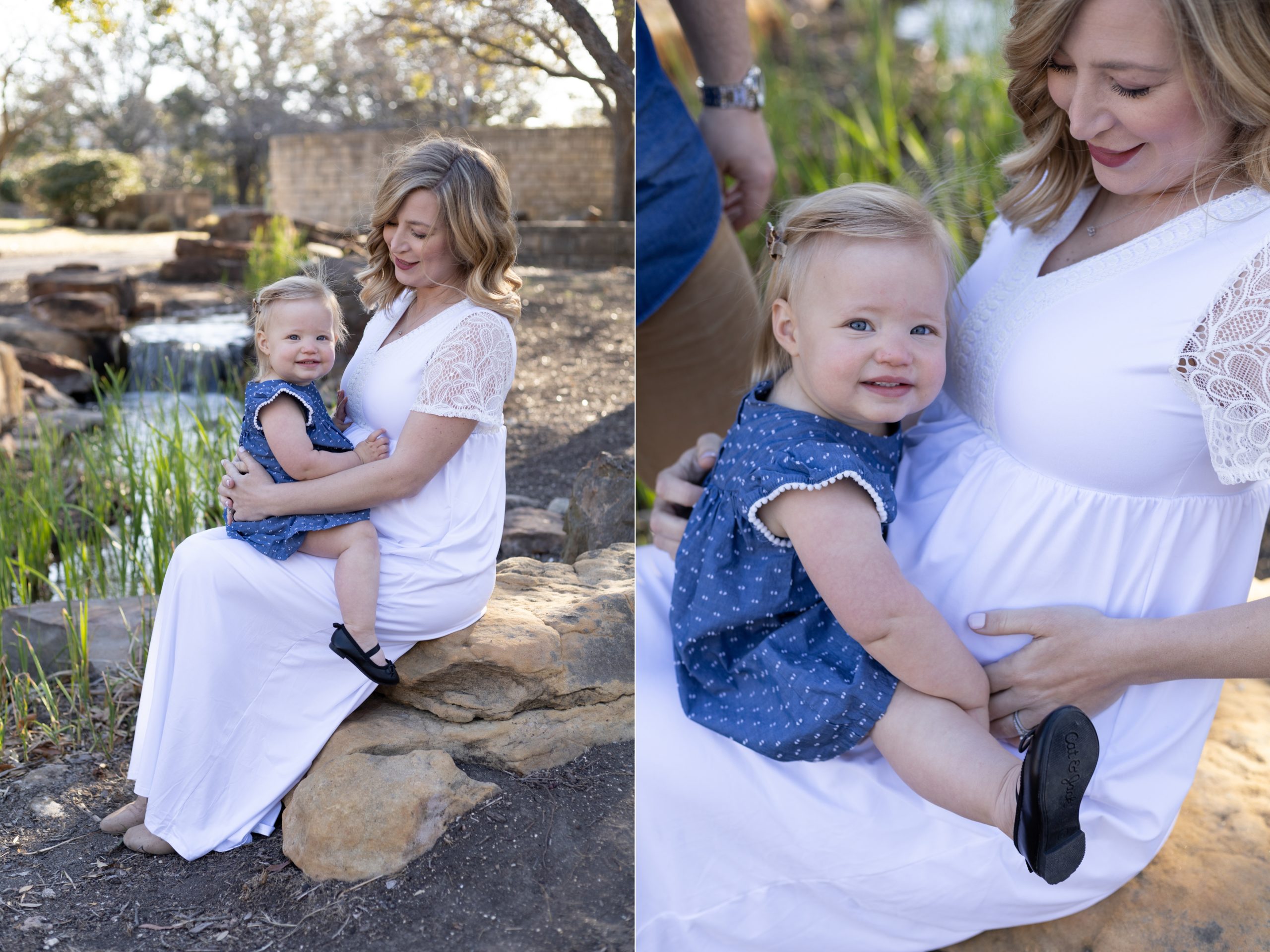 Mom and daughter pose on rock during maternity session at Frisco Central Park with family photography team Wisp + Willow Photography Co. CLick to see more from this session live on the blog now! 