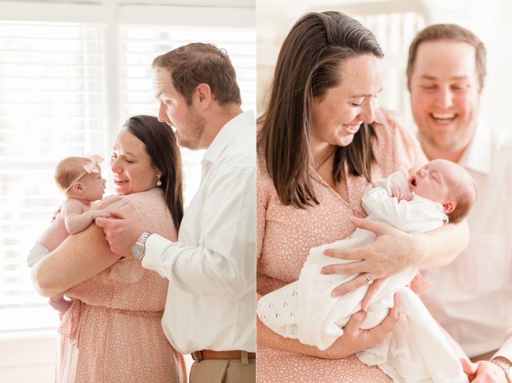mom and dad hold baby girl during lifestyle newborn session in the spring. Capturing these sweet moments is so important because it's memories this precious family will cherish forever. Click to see more from this session live on the blog now! 