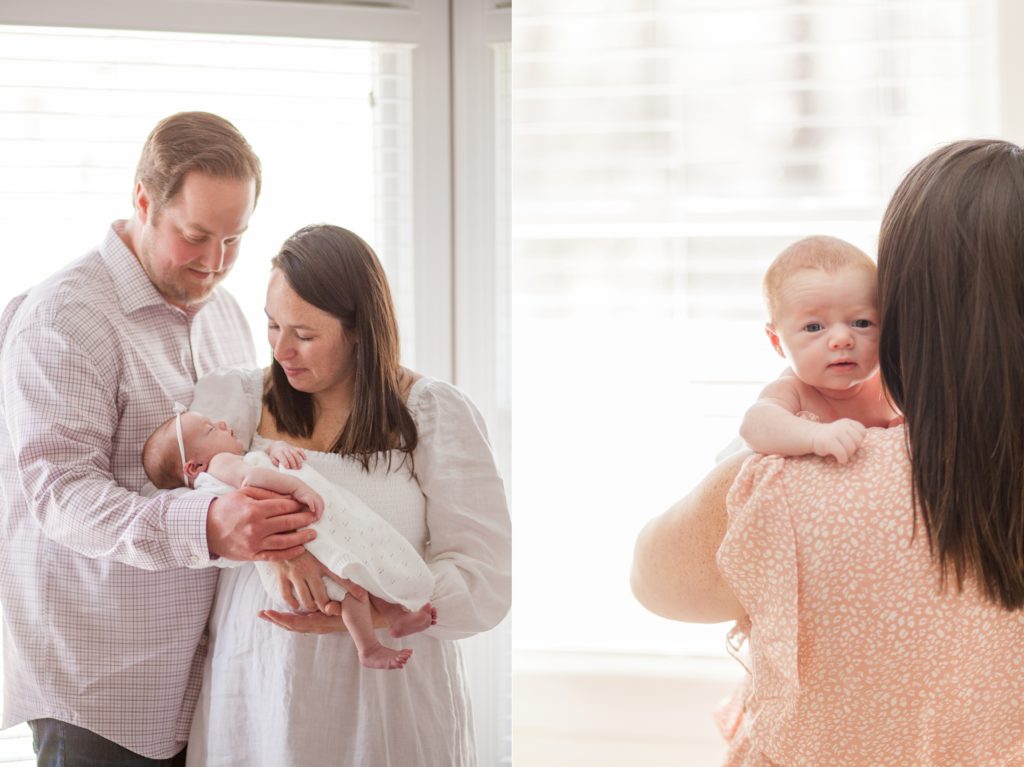 New parents pose with newborn baby girl during lifestyle newborn session with family photography team wisp + willow photography co. This session was stunning. click to see more on the blog now! 