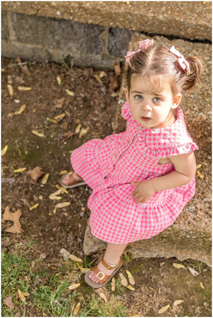 The precious little girl is sitting on stone steps. She is wearing a pink and white gingham dress with a large collar with a ruffle and brown sandals. She has cute little pigtails with a matching pink bow.