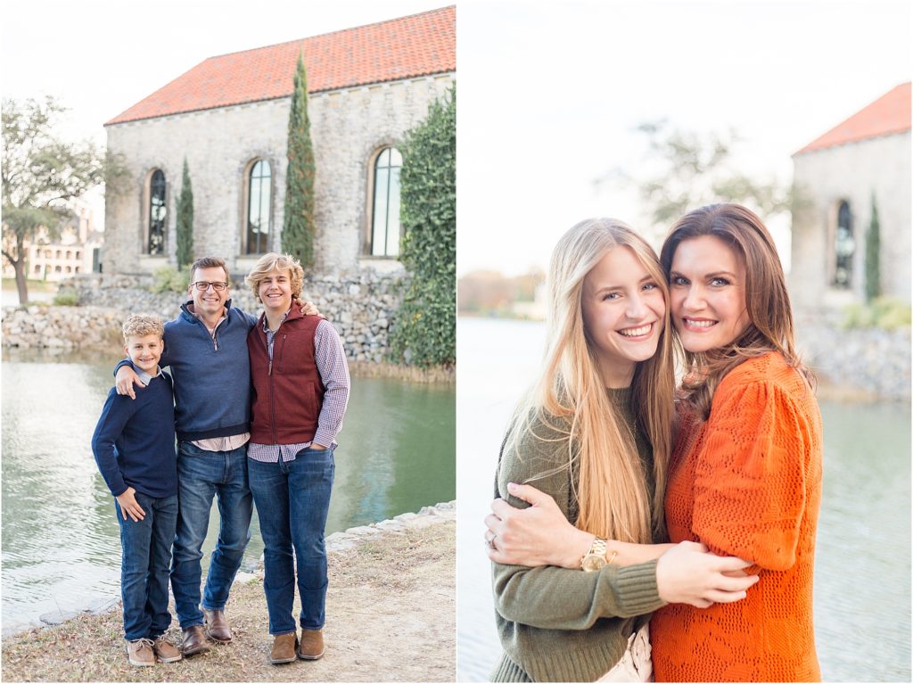Family of 5 is standing just in front of a pond hugging with a gorgeous stone wall and chapel in the background. Daughter is wearing a long sleeve olive green shirt and white jeans. Mom is waering a short sleeve knee length dress and cowboy boots. 1st son is wearing a long sleeve navy blue sweater with a collar underneath and blue jeans. 2nd son is wearing a long sleeve button up checkered shirt and  a rust colored vest. Dad is wearing a long sleeve navy pull over sweater and blue jeans.