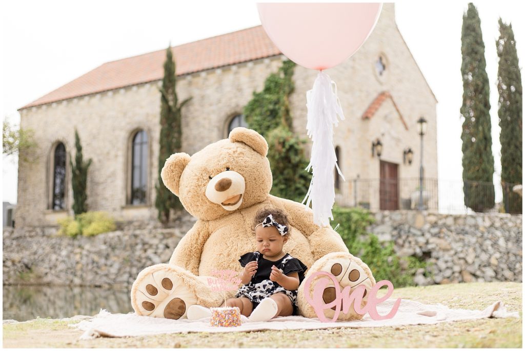 Little girl is sitting on a white blanket with a large bear and a birthday cake and pink sign that reads "one". In the background there is a gorgeous stone house and a stone wall. Sweet girl is wearing a black shirt with ruffle sleeves and a black and white cow print jumper with a matching bow.
